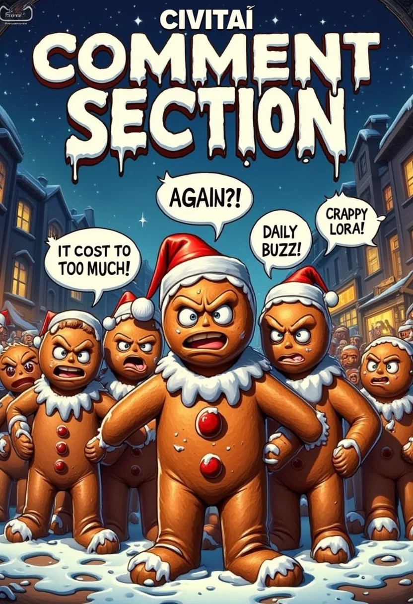 Christmas theme Poster of multiple angry christmas gingerbread standing in riot. Text bubble on top of each gingerbread reads "Flux AGAIN?!" and "IT COST TOO MUCH!" and "MY DAILY BUZZ!" and "Crappy Lora!". Title of poster reads "Civitai Comment Section", bo-christmas<lora:boFLUX Christmas Dreams.safetensors:1.0:1.0> <lora:FLUX\Enhancer\FluxDFaeTasticDetails.safetensors:0.7000000000000001:0.7000000000000001>