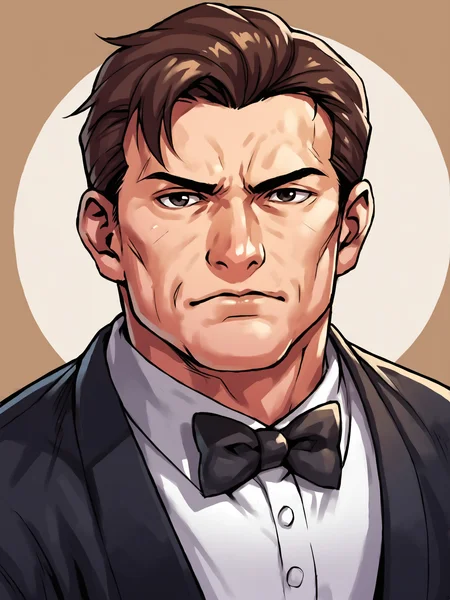 score_9, score_8up, score_7up, score_6up, score_5up, score_4up, dutch angle, dynamic angle, abstract background, source_cartoon, rating_safe, BREAK
mature male, solo, aof_takuma, brown hair, black eyes, black tuxedo, bowtie, upper body focus, BREAK
<lora:Takuma_Sakazaki_-_Art_of_Fighting__King_of_Fighters_-_PDXL:1>