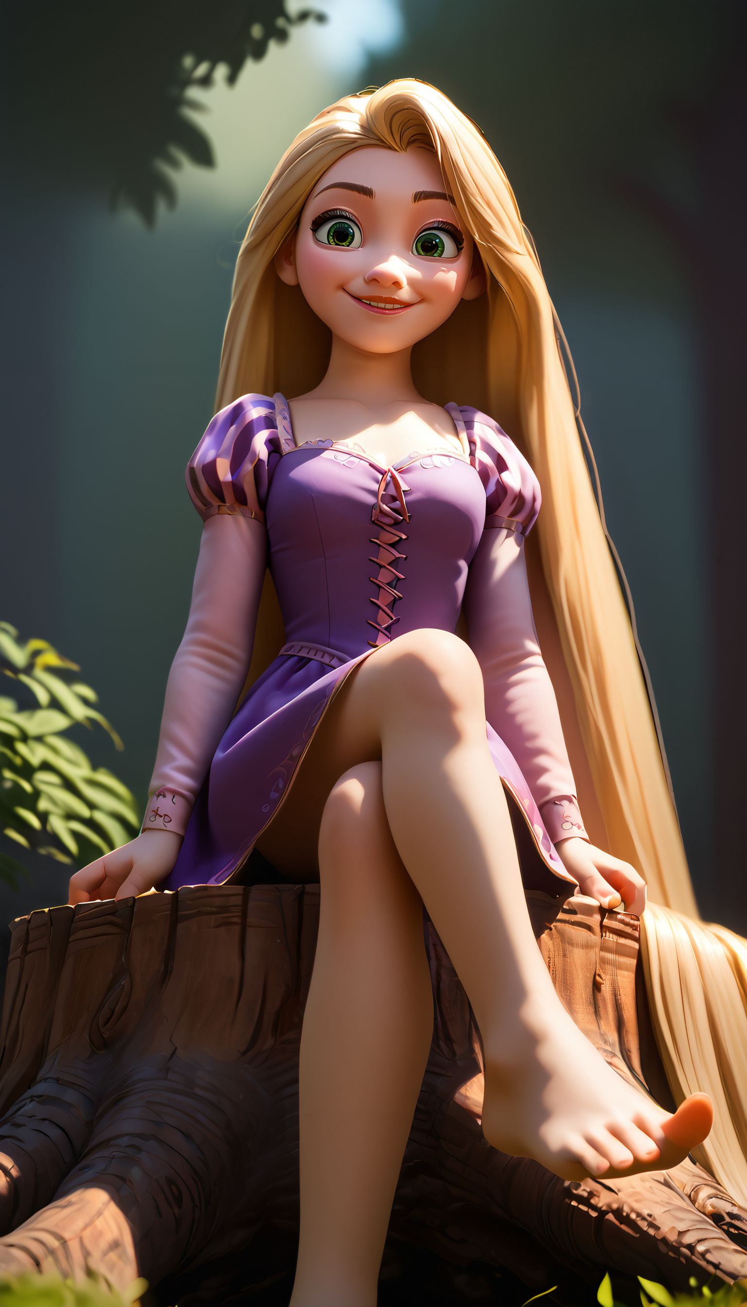 zPDXL3,  <lora:LunarCAT_Style:.8>, sitting, cross legged, foot focus, from below,  <lora:Sitting_Cross_Legged_r1:.8>,
rapunzel, woman, green eyes, blonde hair, very long hair, purple dress, long sleeves, barefoot, looking at viewer, smiling, sitting, on stump, forest, dappled sunlight,