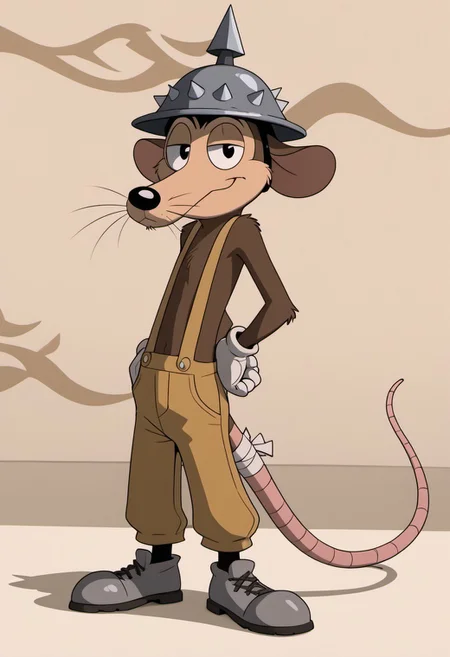 score_9, score_7_up, (masterpiece, extremely detailed, source_photo), solo focus, male, Werner Werman, mouse, anthropomorphic mouse, black eyes, brown fur, whiskers, pointy nose, spiked helmet, rat tail, light brown overalls, lederhosen, grey footwear, grey shoes, perfect hands, white gloves, gloves, full-length portrait, skinny, petite, smile, half-closed eyes, smug, looking at viewer, flirty, sexy pose, photorealistic, pattern background, shadow, shading, realistic, bandaged tail