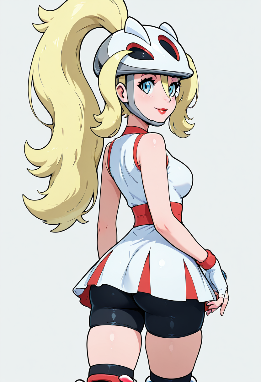 masterpiece, best quality, 1girl, solo, looking at viewer, smile,   zzKorrina, blue eyes, hair between eyes, blonde hair, long hair, ponytail, hair between eyes, two side up, white gloves, fingerless gloves, white dress, bare arms, sleeveless dress, black shorts, short dress, helmet, grass, high ponytail, bike shorts, roller skates, shorts under dress,   <lora:KorrinaPokemon_IXL_v1:1.0>, , solo, looking at viewer, simple background, ass, cowboy shot, looking back, from behind, hair over one eye, lips,  skindentation, makeup, piercing, cross, lipstick, ear piercing, eyeshadow, shiny clothes, gothic, <lora:ElfFio_IXL_v2:0.8>,
