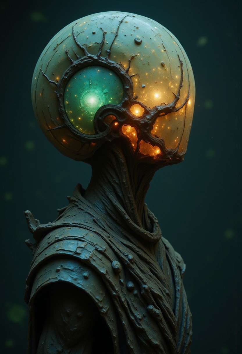 M100-style, Wide Angle Shot, Standing in Action Pose, hands Up, Ancient Wooden orb Like faceless head Made of roots, Wood, ancient oak tree roots, . Delicate roots extend from His head, Action Scene, Fist Up, floating leafs and particles, His rooty Body towering and disappearing into the dark, misty background. , grown from beneath and forming this Epic Installation of a Woman with billowing translucent turquoise-amber Hair Like roots Made of wood, ambient lighting, moody, intricate roots, 
Hide