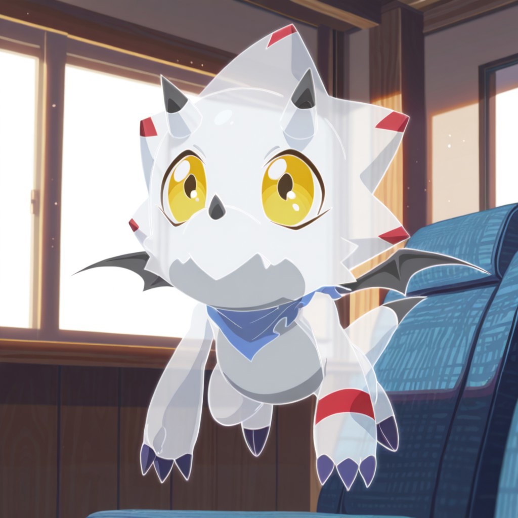 ((masterpiece, best quality, amazing quality,))  GammaGil, semi-anthro, Gammamon, ceratopsian, ghost form, outline, translucent body, white skin, yellow eyes, translucent blue neckerchief, horns, nose horn, tail, translucent character, translucent bat_wings, flying, inside, solo