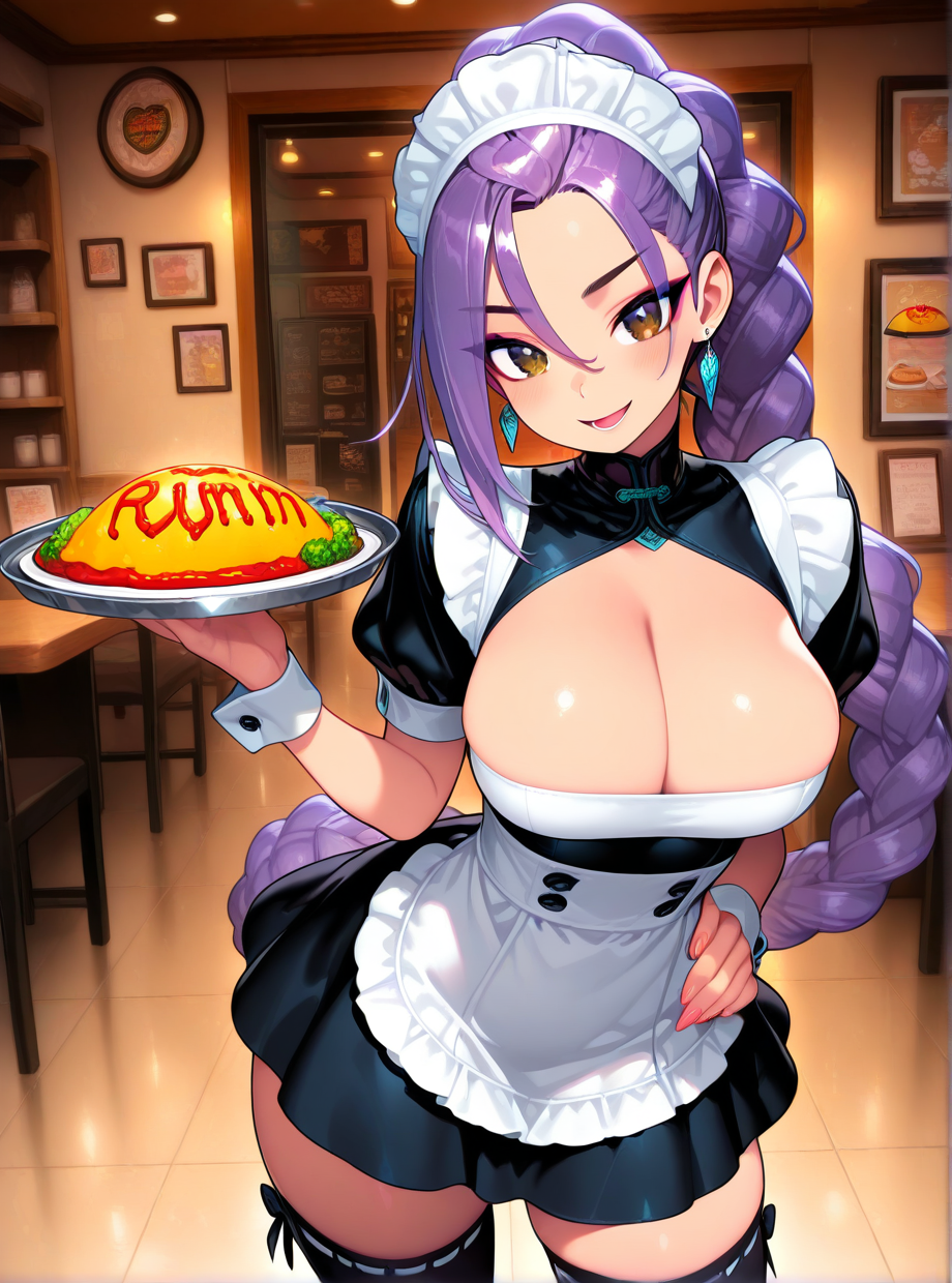 (masterpiece), (best quality), rumi \(kpop demon hunters\), (Rumi_KDH), (anime screencap), 1girl, solo, (looking at viewer), (accurate style), huge natural breasts, body markings, braid, braided ponytail, chain, long hair, purple hair, braided hair, brown eyes, tall, earrings, fingernails, jewelry, long fingernails, makeup, mascara, dynamic pose, cowboy shot, smiling, elegant, <lora:RumiKpopDemonHuntersillusApexAi:1>. open mouth, smile, blush, hair between eyes, eyes visible through hair, french braid, very long hair, maid headdress, detached collar, cleavage, frills, black dress, wrist cuffs, waist apron, white apron, black skirt, ribbon-trimmed thighhighs, black thighhighs, holding tray, omurice, hand on own hip, contrapposto, cowboy shot, indoors, maid cafe, blurry background,