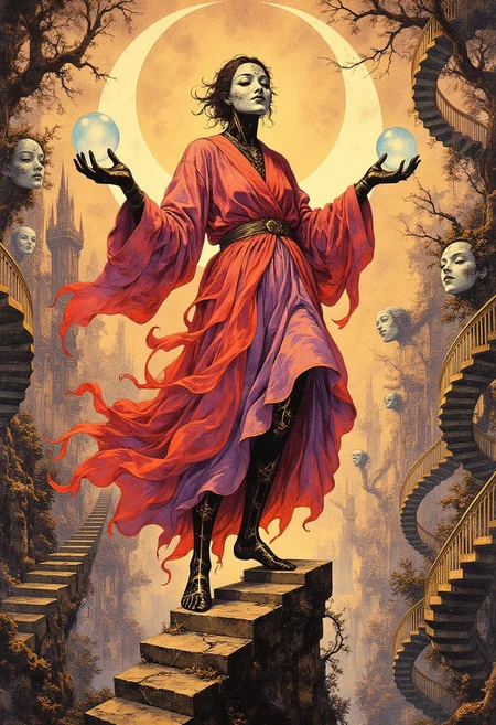 A whimsical yet mischievous scene rendered in a modern Art Nouveau style, capturing the enchanting narrative of illusion and deception with vibrant, dynamic imagery. The composition is infused with playful elegance and surreal mystery, blending flowing, organic lines with intricate, decorative patterns that dance around the central figure, creating an atmosphere of wonder and uncertainty.
At the center of the scene is a figure with a lithe, nimble form, poised in a playful, acrobatic stance that exudes agility and grace. They are balanced precariously on one foot atop a narrow, crumbling ledge that juts out into the swirling chaos of the background. Their body leans forward with a poised, graceful arch, as if ready to leap into the unknown at any moment. Their posture is dynamic and fluid, capturing a sense of motion and spontaneity, emphasizing their mischievous, unpredictable nature.
The figure’s face is concealed behind a theatrical mask with a wide, crooked smile that stretches unnaturally across its surface. The mask is painted in bright, vibrant colors—gleaming golds, rich purples, and deep scarlets—adorned with swirling patterns and delicate, shimmering accents. The exaggerated, curved smile gives the mask an eerie, playful appearance, enhancing the sense of trickery and deception. The mask’s hollow eyes are dark and shadowed, giving no hint of the true face beneath, adding an air of mystery and intrigue.
They are dressed in a flowing, multicolored robe that billows around them with a life of its own, swirling and twisting as if caught in an invisible breeze. The robe is impossibly light and fluid, crafted from shimmering fabric that reflects light in rippling waves, creating an illusion of constant motion. The swirling patterns on the robe are intricate and hypnotic, painted in vibrant shades of red, purple, and gold that blend seamlessly into one another, enhancing the surreal, whimsical ambiance. The edges of the robe are adorned with delicate gold thread, glistening faintly as the fabric twists and curls through the air.
In their hands, they juggle glowing orbs of light that pulse and flicker with an ethereal, otherworldly glow. The orbs are perfectly spherical, their surfaces swirling with shimmering, golden mist that twists and spirals hypnotically within the transparent spheres. The light emitted by the orbs is soft and mesmerizing, casting faint, shifting reflections on the figure’s robe and the swirling chaos of the background. Each orb represents illusion and deception, their delicate, shimmering light contrasting beautifully with the vibrant colors around them.
The background is a fantastical world of chaos and surreal wonder, painted in swirling hues of red, purple, and gold that flow and twist in mesmerizing, fluid patterns. Shifting staircases spiral through the air, twisting and contorting into impossible shapes, their steps leading nowhere. The staircases are adorned with delicate carvings and gilded railings, their ornate designs enhanced by the swirling colors that cascade around them. Mirrored pathways intersect and spiral outward, reflecting distorted images of the figure and the glowing orbs, enhancing the sense of illusion and uncertainty.
The vibrant colors of the background are bold and dynamic, blending seamlessly into one another with soft gradients and flowing brushstrokes that create a dreamlike, hypnotic effect. The swirling patterns dance and shift fluidly, forming swirling vortexes and spiraling tendrils that weave through the air, adding to the sense of chaos and enchantment. The vibrant hues are enhanced with delicate, shimmering highlights that give the swirling colors a luminous, otherworldly glow.
Above the figure, a crescent moon hangs upside down, its delicate, curved edges gleaming softly with an eerie, playful light. The moon is painted in a pale, silvery gold, its surface adorned with delicate, swirling patterns that twist around its edges. The upside-down position of the crescent moon enhances the surreal, whimsical atmosphere, suggesting a world turned upside down, ruled by illusion and trickery. The soft, silvery light from the moon diffuses gently through the swirling colors, casting a delicate, ethereal glow over the scene.
The intricate border of the scene is adorned with twisting vines and delicate, flowing patterns that spiral gracefully around the edges. The vines are painted in soft, golden hues, their delicate leaves shimmering with faint, iridescent highlights. Interwoven among the vines are theatrical masks, each one smiling differently, their exaggerated, crooked smiles hinting at the ever-changing nature of the Trickster. The masks are intricately detailed, painted in vibrant colors with shimmering gold accents, their hollow eyes reflecting the mischievous light of the glowing orbs.
The lighting is soft and atmospheric, blending warm golden hues with cool purples and deep scarlets to create a vibrant, dynamic ambiance. The soft, glowing light from the orbs and the crescent moon enhances the whimsical, otherworldly atmosphere, casting delicate highlights on the swirling patterns and flowing robes. The shadows are rich and fluid, flowing seamlessly into the swirling colors, enhancing the fluid, harmonious composition.
The color palette is bold and dynamic, dominated by vibrant reds, purples, and golds that swirl and twist in mesmerizing patterns. The rich, vibrant hues contrast beautifully with the soft, ethereal glow of the orbs and the delicate, shimmering highlights on the figure’s robe. The flowing watercolor washes and delicate gradients enhance the impressionistic, dreamlike quality of the painting, capturing the fluid, ever-changing nature of illusion and trickery.
This modern Art Nouveau styled painting is a masterful blend of whimsical elegance, surreal mystery, and vibrant, dynamic movement. It captures the playful, mischievous nature of illusion and deception, embodying the enchanting power of the Trickster. Every element, from the glowing orbs to the swirling staircases, contributes to the whimsical, hypnotic narrative of chaos, enchantment, and the ever-changing dance of reality and illusion.