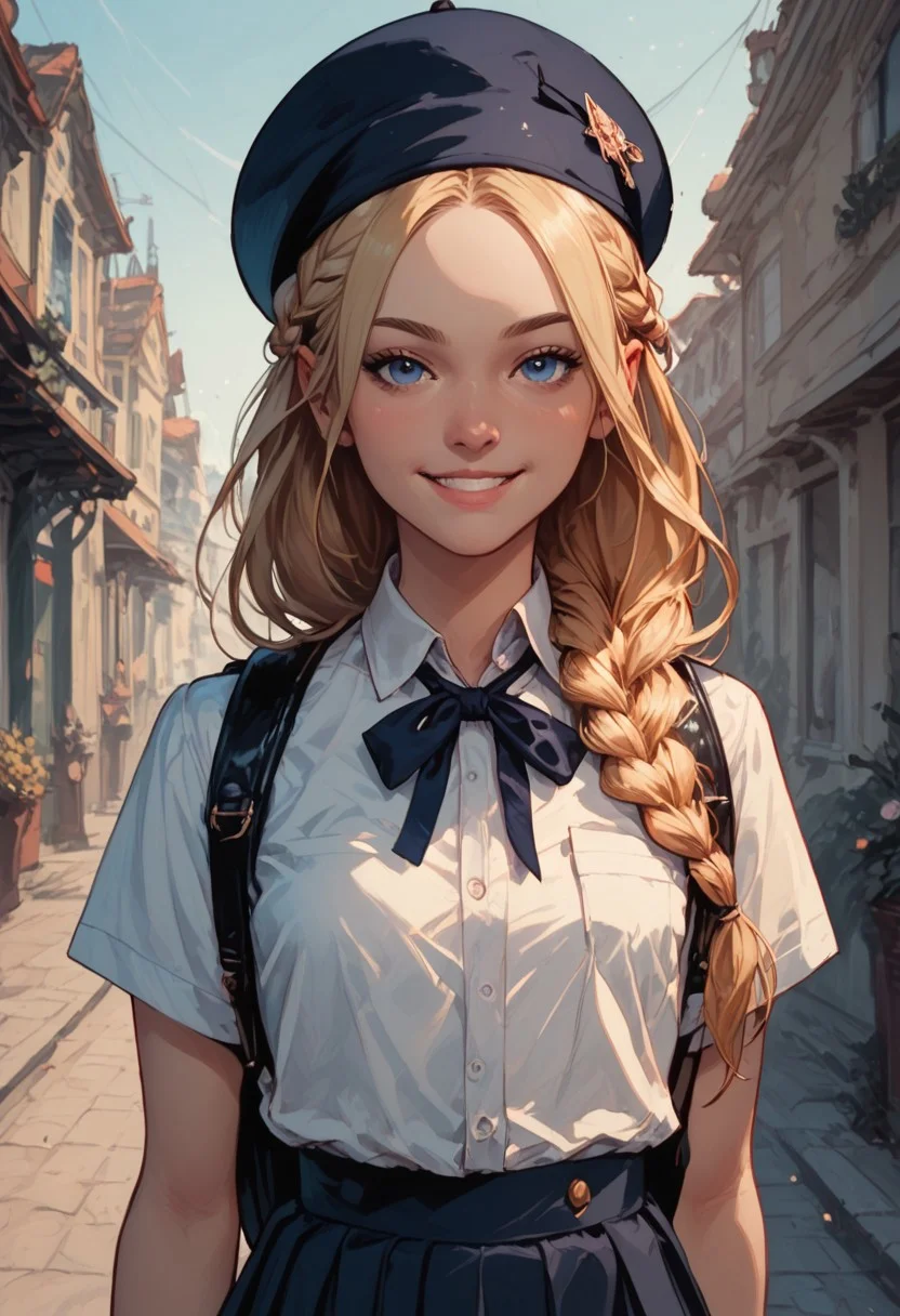 (score_9_up,score_8_up:1.3),score_6_up,score_7_up, core_9, score_8_up, score_7_up, score_6_up, ((blurred detailed background, dynamic angle)), (masterpiece, best quality), (absurdres absolutely resolution), (8k), (detailed beautiful face), (detailed illustration), (super fine illustration), (vibrant color), (professional lighting), nice s, perfect s,(perfect anatomy:1.4),
BREAK
1girl,adult, blonde hair, long hair, blue eyes, forehead, sidelocks, braid, neck ribbon, school uniform, short sleeves, skirt, shirt, outdoors, smile, backpack, beret,