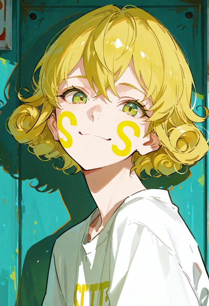 score_9, score_8_up, score_7_up, score_6_up, source_anime, incredible quality, detailed facial expressions, illustration, beautiful detailed, finely detailed, intricate details,1boy, solo, young, yellow short hair, curly hair, looking at viewer, green eyes, white shirt, happy