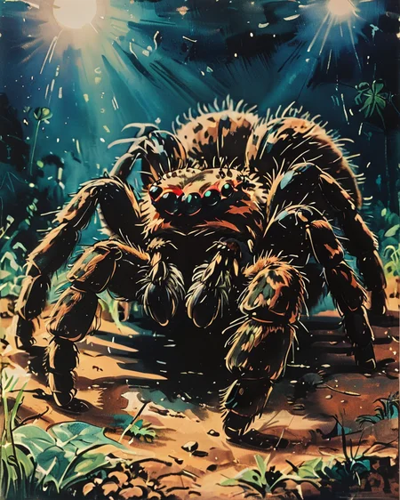 photograph, Tarantula, spotlight, Sony A9 II, F/8, very detailed, amazing quality, intricate, cinematic light, highly detail, beautiful, surreal, dramatic <lora:Vintage_Anime:1>