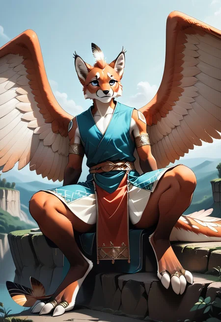1person, Palagiri, anthro, feline features, feline nose, ((2 wings)), ((armless, no arms)):1.2, no hands, wings only, perfect wings,
Sitting, sitting on cliff edge,
3/4 view, dutch angle, perfect wings, prehensile wings, ((prehensile toes, long toes)), ((feathers-tipped tail, fanned tail-tip, tapering-tip tail)),
digitigrade legs, pelvic curtain tunic,
((Feet focus, detailed toes)),
Source: anime, score: 9, score: 8up,