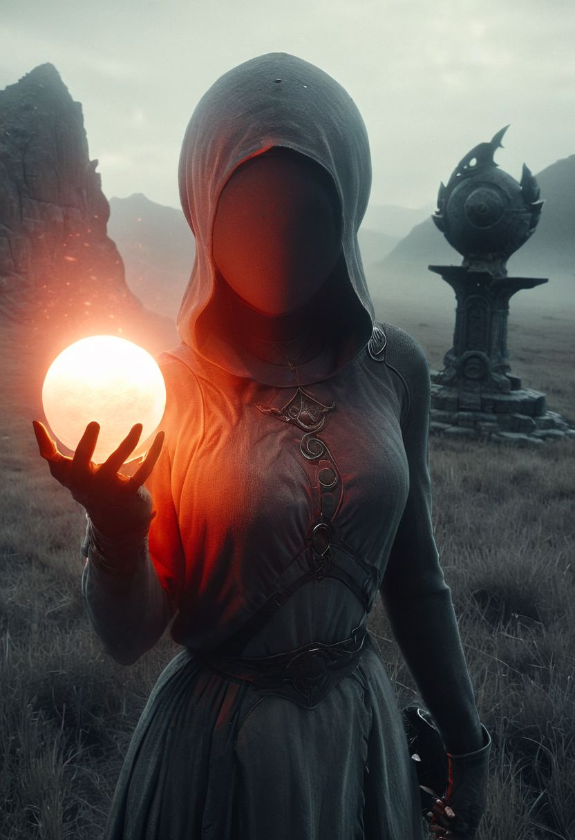 AtomicHeartTwinsCosplay, Captured by the glow of a translucent red/white Pokeball orbstaff, a blonde busty Bedouin knightess stands amidst the vast expanse of a grey meadow, by an ancient stone fountain. 
deep Blacks, very detailed, atmospheric haze, Film grain, cinematic film still, shallow depth of field, highly detailed, high budget, cinemascope, moody, epic, OverallDetail, 2000s vintage RAW photo, photorealistic, candid camera, color graded cinematic, eye catchlights, atmospheric lighting, imperfections, natural, shallow dof