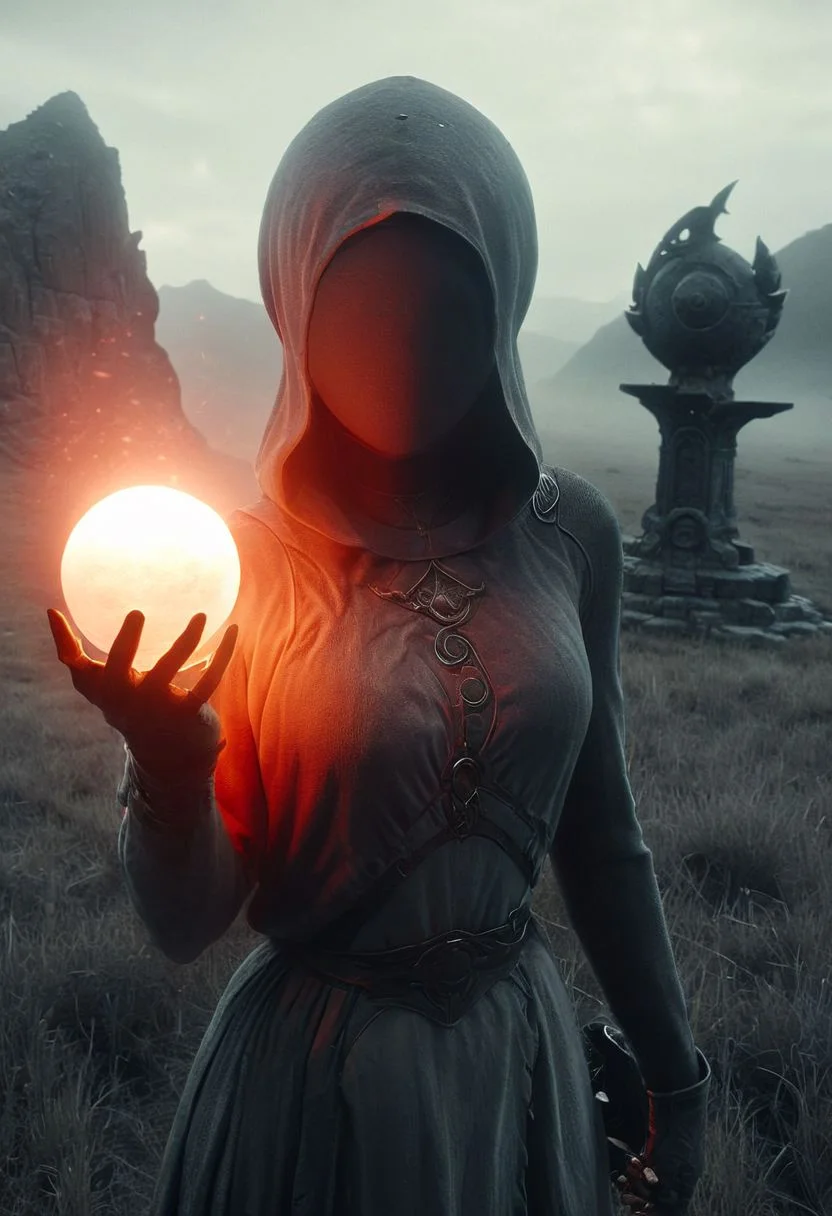 AtomicHeartTwinsCosplay, Captured by the glow of a translucent red/white Pokeball orbstaff, a blonde busty Bedouin knightess stands amidst the vast expanse of a grey meadow, by an ancient stone fountain.
deep Blacks, very detailed, atmospheric haze, Film grain, cinematic film still, shallow depth of field, highly detailed, high budget, cinemascope, moody, epic, OverallDetail, 2000s vintage RAW photo, photorealistic, candid camera, color graded cinematic, eye catchlights, atmospheric lighting, imperfections, natural, shallow dof