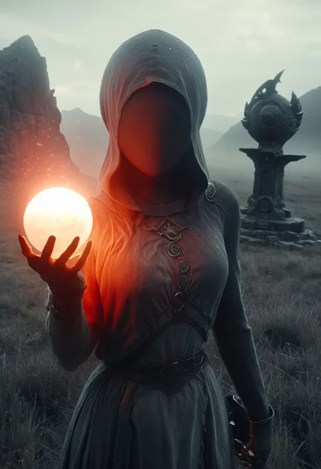 AtomicHeartTwinsCosplay, Captured by the glow of a translucent red/white Pokeball orbstaff, a blonde busty Bedouin knightess stands amidst the vast expanse of a grey meadow, by an ancient stone fountain. 
deep Blacks, very detailed, atmospheric haze, Film grain, cinematic film still, shallow depth of field, highly detailed, high budget, cinemascope, moody, epic, OverallDetail, 2000s vintage RAW photo, photorealistic, candid camera, color graded cinematic, eye catchlights, atmospheric lighting, imperfections, natural, shallow dof