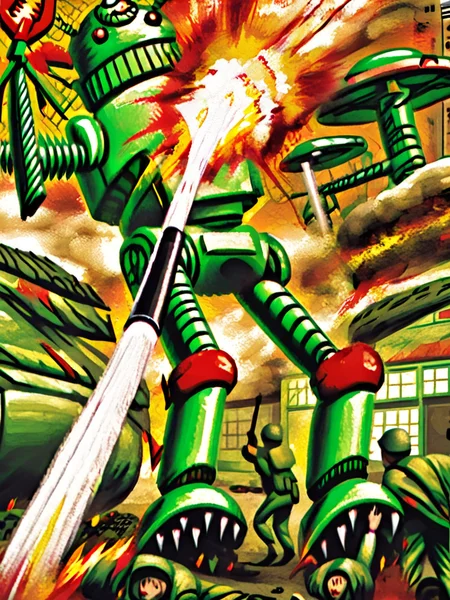 a giant robot with claws destroying a building with a death ray, highly detailed
<lora:Mars_Attacks_XL_Topps:1>