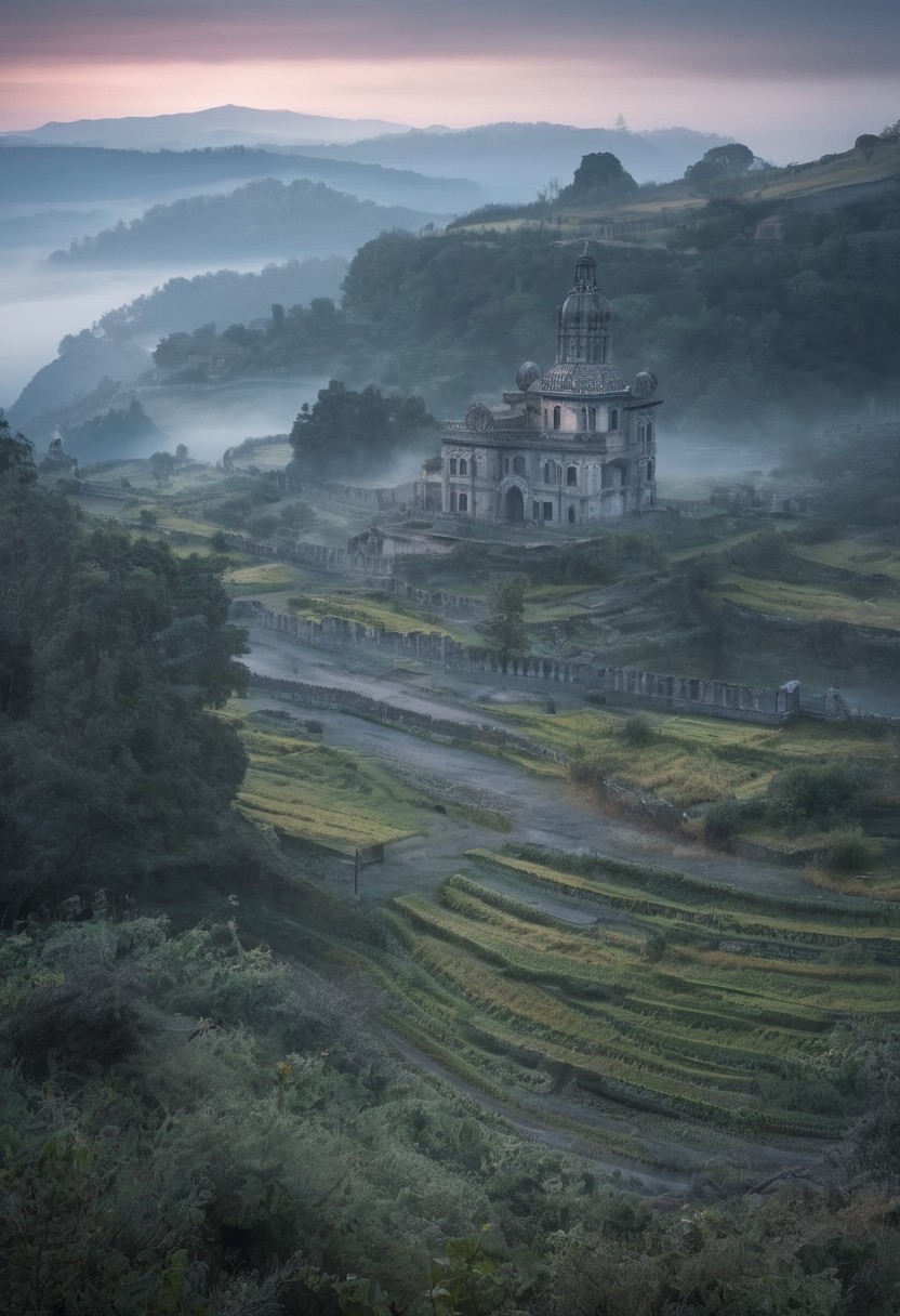 Abandoned mysterios ancient cyty in foggy deep and  wide valley at sunrise, style by Lovecraft, meticulous, intricate, entangled, intricately detailed
