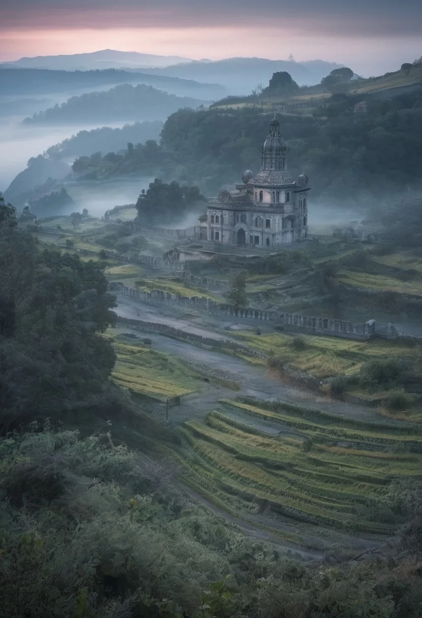 Abandoned mysterios ancient cyty in foggy deep and  wide valley at sunrise, style by Lovecraft, meticulous, intricate, entangled, intricately detailed