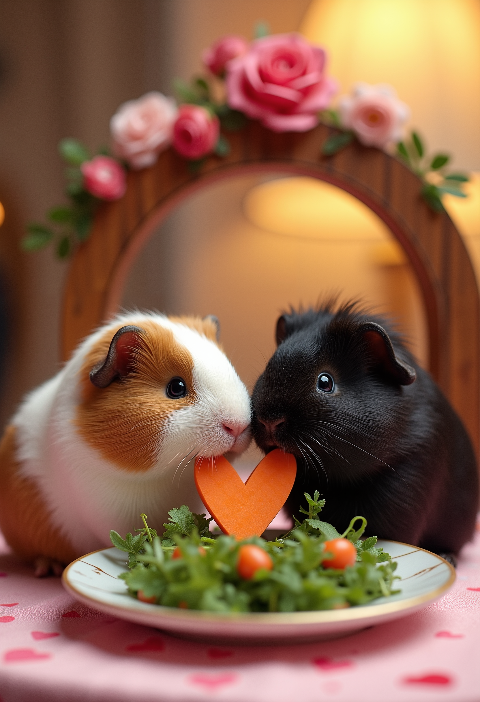 a pair of guinea pigs in love, eating a plate filled with salad, grass and a heart-shaped carrot. one guinea pig is white and brown, the other black and shaggier. the plate and the guinea pigs are on the table of a fancy restaurant. the lighting is soft, in yellow and pink tones. the tablecloth has heart patterns. a wooden arch above the guinea pigs has a floral decoration, with a heart in the middle.