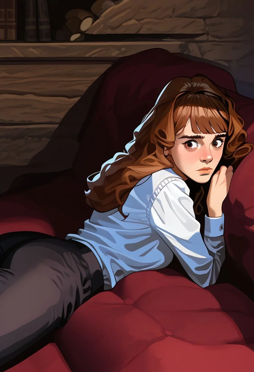 ((masterpiece)), sharp focus, Hogwarts, 1girl,solo, Hermione Granger, bushy brown hair and brown eyes, long hair, fringe, white shirt, black trousers, jacket, lying on the couch by the fireplace, lying on stomach,