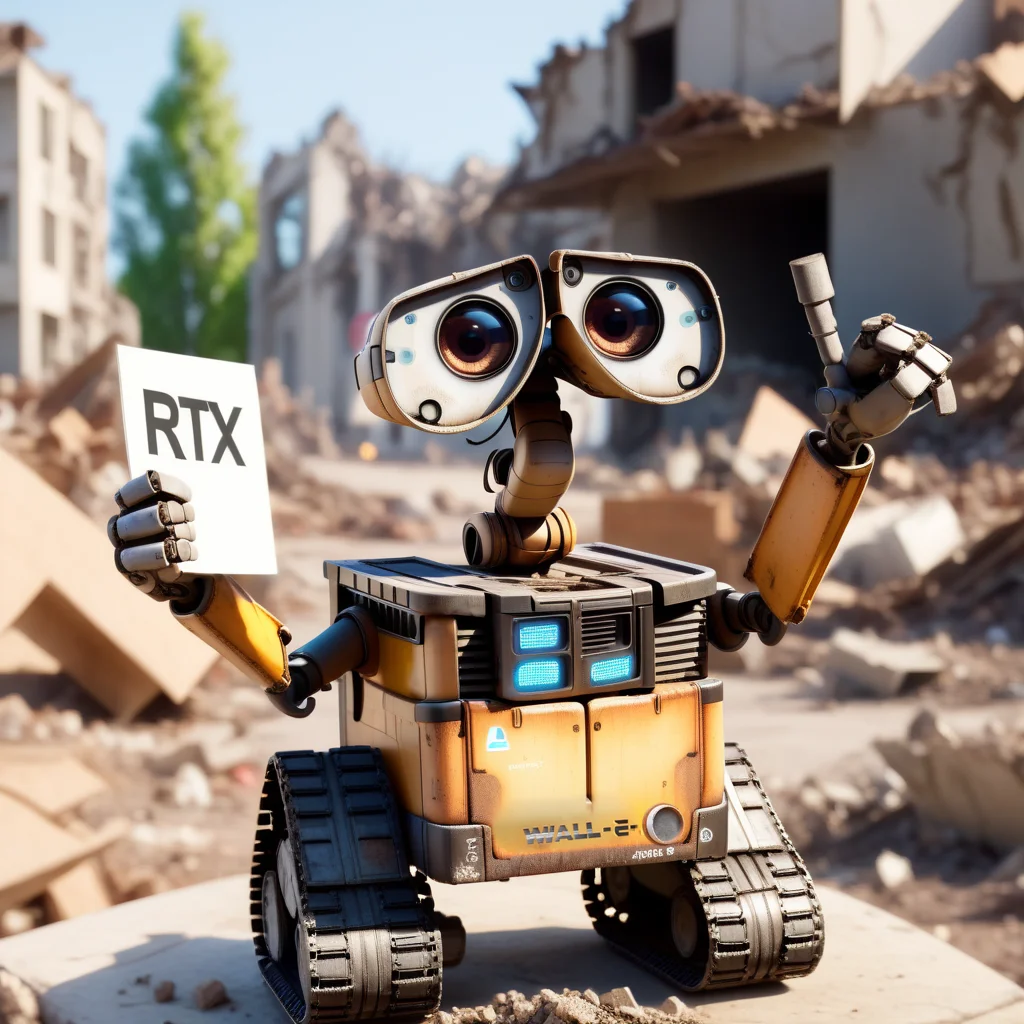 wall-e cleaning a yard in a destroyed earth city, smiling, thumbs-up emoji, holding a sign up "RTX_4090!", 3d cgi, intricate details, hyper realistic, 8K, award winning photo,
<lora:add-detail-xl:1>