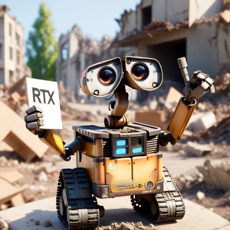 wall-e cleaning a yard in a destroyed earth city, smiling, thumbs-up emoji, holding a sign up "RTX_4090!", 3d cgi, intricate details, hyper realistic, 8K, award winning photo,
<lora:add-detail-xl:1>