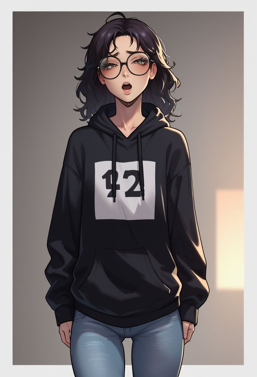 score_9, score_8_up, score_8, rating_explicit, Tall girl, solo, slim body, narrow shoulders, (((fully clothed))), (ugly), long wavy hair, black hair, brown eyes, big eyes, weak chin, wide thin lips, (wide mouth), small number of pimples, fully dressed, huge glasses with thick frames, (nerd glasses), ((baggy oversized black hoodie)), ((grey jeans)), ((looking at viewer)),