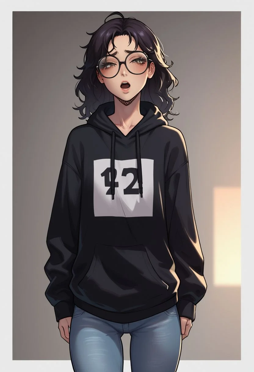 score_9, score_8_up, score_8, rating_explicit, Tall girl, solo, slim body, narrow shoulders, (((fully clothed))), (ugly), long wavy hair, black hair, brown eyes, big eyes, weak chin, wide thin lips, (wide mouth), small number of pimples, fully dressed, huge glasses with thick frames, (nerd glasses), ((baggy oversized black hoodie)), ((grey jeans)), ((looking at viewer)),
