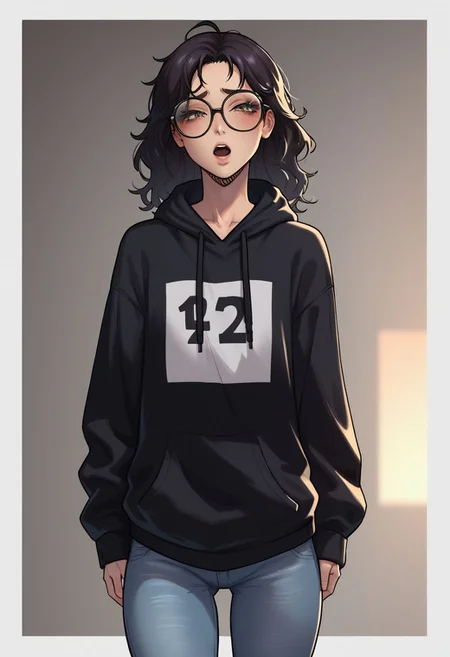 score_9, score_8_up, score_8, rating_explicit, Tall girl, solo, slim body, narrow shoulders, (((fully clothed))), (ugly), long wavy hair, black hair, brown eyes, big eyes, weak chin, wide thin lips, (wide mouth), small number of pimples, fully dressed, huge glasses with thick frames, (nerd glasses), ((baggy oversized black hoodie)), ((grey jeans)), ((looking at viewer)),