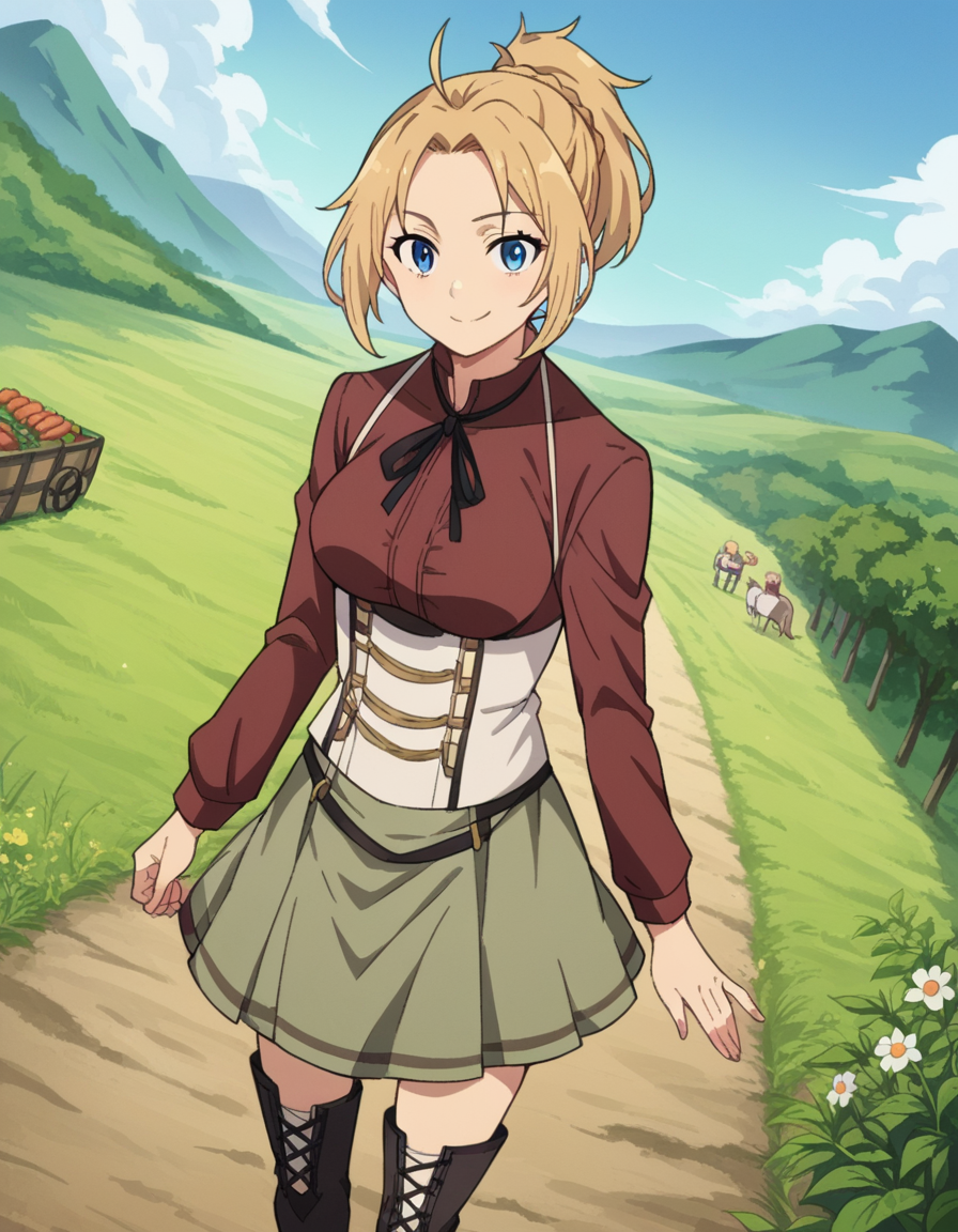 score_9, score_8_up, score_7_up, source_anime,
zenithgreyrat, <lora:zenith-greyrat-s1-ponyxl-lora-nochekaiser:1>,
zenith greyrat, short hair, blonde hair, blue eyes, ponytail, ahoge,
skirt, shirt, thighhighs, long sleeves, ribbon, boots, black thighhighs, thigh boots, brown shirt,
outdoors, landscape, farm, smile,
looking at viewer, dutch angle, cowboy shot,