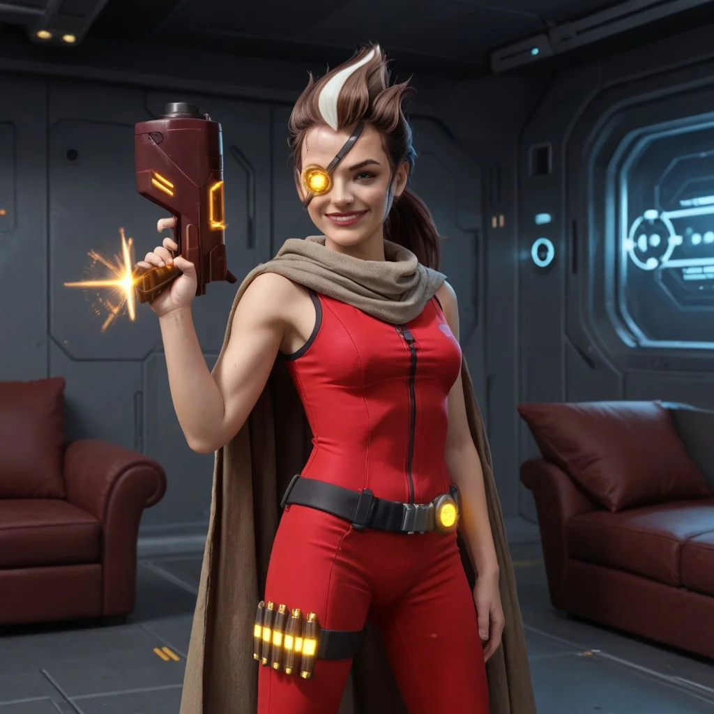 Raelynn, solo, 1girl, eyepatch, bodysuit, cape, streaked hair, 20 years old, young, brown hair, ponytail, smug, confident, aiming gun, BREAK, sci-fi background, indoors