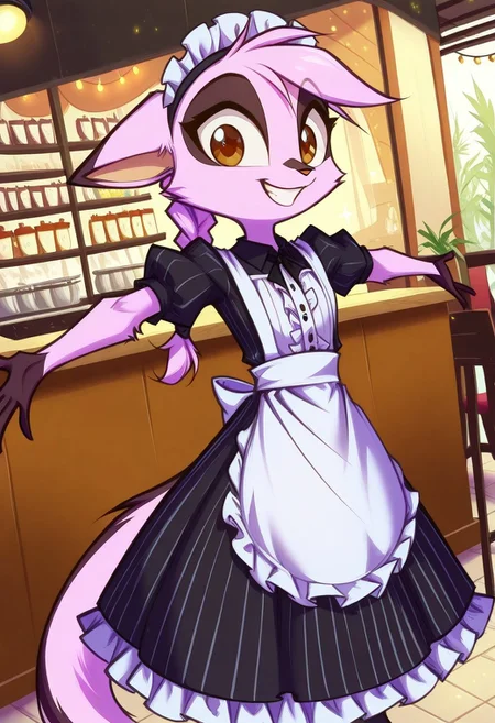 Dreamkeepers,1girl,Prelude_Vi,solo,furry,tail,source_furry,hazel eyes,
child,
masterpiece, best quality, long hair, braid, maid headdress, black ribbon, striped dress, dress, center frills, puffy short sleeves, white apron, spread arms, grin, looking at viewer, happy, sparkle, indoors, cafe, dutch angle, wide shot,