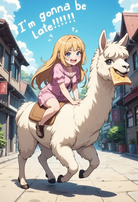 A detailed colorful anime illustration. A young girl with blonde long hair in pink sailor style uniform. She is laughing while ridding an alpaca. The girl is shouting the text anxiously: "I'm gonna be late!!!". The alpaca is running and biting a slice of toast in its mouth, with savage grinning expression. The alpaca is jumping, sending the girl in the air and she almost been thrown off. It is a sunny day, they are running in a Japanese styled town. fca_style
