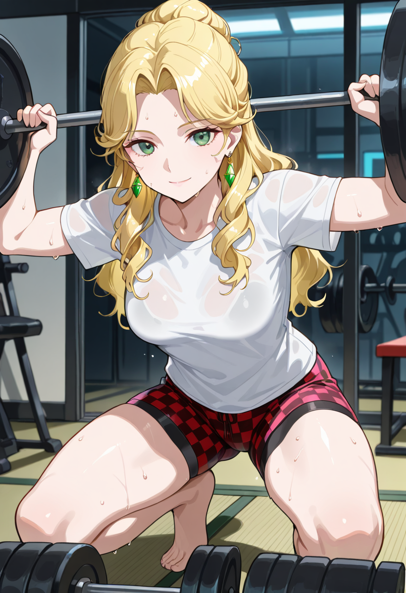 masterpiece,best quality,highres,absurdres,very awa,1girl,solo,audrey hall,green eyes,medium breasts,blonde hair,Emerald earrings,casual,t-shirt,short sleeves,bike shorts,checkered clothes,checkered shorts,indoors,exercising,sweat,looking at viewer,tatami,table,barbell,breasts,hands up,holding,squat \(exercise\),squatting,weightlifting,light smile,closed mouth,cyberpunk,
