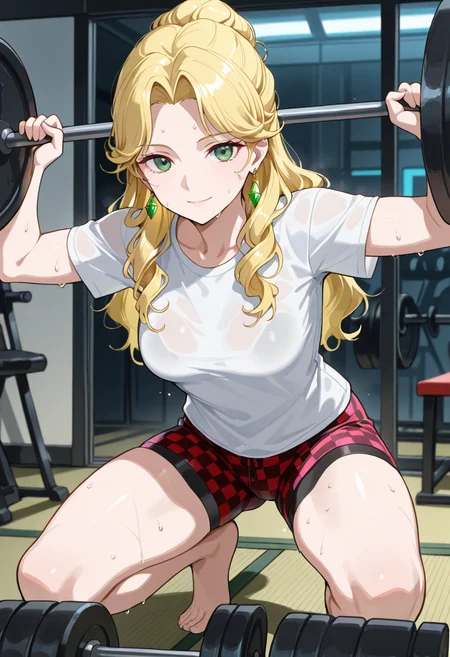masterpiece,best quality,highres,absurdres,very awa,1girl,solo,audrey hall,green eyes,medium breasts,blonde hair,Emerald earrings,casual,t-shirt,short sleeves,bike shorts,checkered clothes,checkered shorts,indoors,exercising,sweat,looking at viewer,tatami,table,barbell,breasts,hands up,holding,squat \(exercise\),squatting,weightlifting,light smile,closed mouth,cyberpunk,
