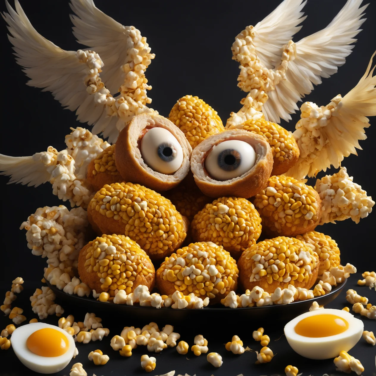 <lora:biblical_angels:0.9>photographic realism,biblicalangellora, integrated,wings, many eyes,buffalo wings and things,bisected scotch eggs,runny yolks,with eyes in them,dark background,<lora:CornKernelStyle:0.6>corn kernels,popcorn