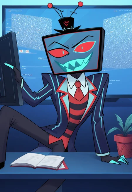 score_9, score_8_up, score_7_up,
masterpiece, best quality, detailed, amazing quality,
detailed background, office,
detailed eyes, clean eyes,
dynamic pose, sitting on desk,
1man,
Vox, TV head, television head, rectangular Head Cyan screen, cyan screen, red sclera, blue pupils, blue teeth, tophat, TV antennas, red and black striped shirt, dark blue coat, red tie, black skin,
easynegative