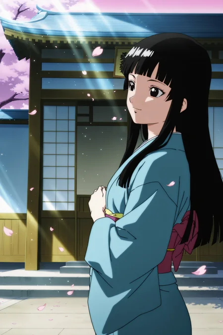 anime screencap, absurdres, high quality, official style,
future mai, long hair, black hair, black eyes, happy, smile, from side, kimono, cherry blossoms, temple gate, pink sky, falling petals, dappled sunlight, day, light rays, light particles,
<lora:Mai_IL:0.8>