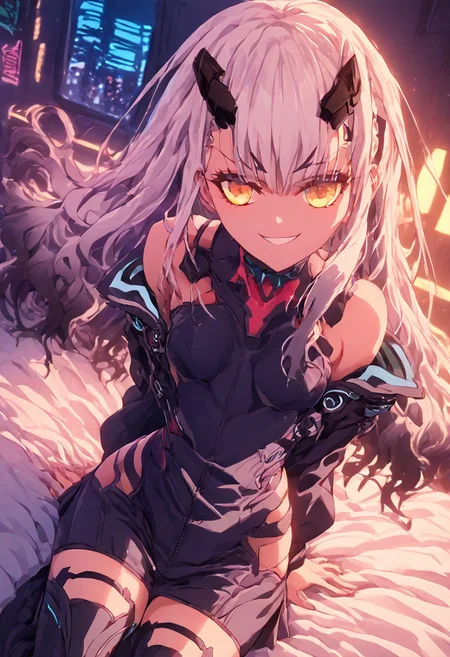 anipai_style, anime screencap, source_anime, anime coloring, (score 9,score_8_up, score_7_up, score_6_up),forked eyebrows, white hair, long hair, gradient hair, yellow eyes, v-shaped eyebrows, thigh boots,dynamic pose,dynamic angle,cowboy-shot, smile,bare shoulder,sitting on bed,bodysuit,thighs cutout,shoulder cutout, military jacket,small room, cramped bedroom, cyberpunk city view out of the window,headgear,arms behind back, ng_deepnegative_v1_75t, by hiroyama_hirosh,