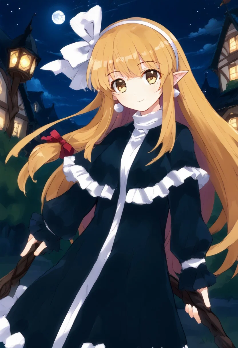 1girl, solo, marisawosd, blonde hair, long hair, yellow eyes, black dress,white hairband,hair ribbon,long sleeves,earrings, holding, staff, outdoors, night, village, smile, cowboy shot,