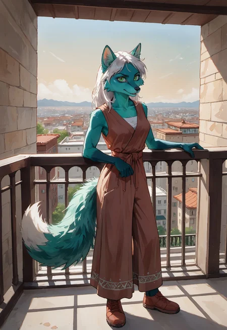 Anthropomorphic. Turquoise fluffy fox (full length), long white hair, (standing on the balcony (at dawn)), grinning, ready to fight. with green eyes and vertical pupils. woman. the traditional clothing of the Slavs. The Orphen sirius style. JuliaTDC Style~ArtS