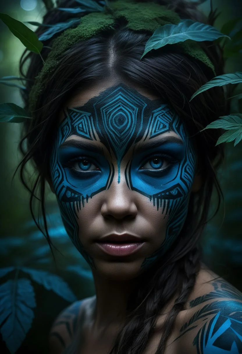 mysterious silhouette of a tribal woman, jungle, (blue warpaint over eyes only), goddess, alluring, by Minjae Lee, Carne Griffiths, Emily Kell, Steve McCurry, Geoffroy Thoorens, Aaron Horkey, Jordan Grimmer, Greg Rutkowski, amazing depth, double exposure, surreal, geometric patterns, intricately detailed, bokeh, perfect balanced, deep fine borders, artistic photorealism , smooth, great masterwork by head of prompt engineering <lora:add-detail-xl:2> <lora:Double_Exposure:0.5>
