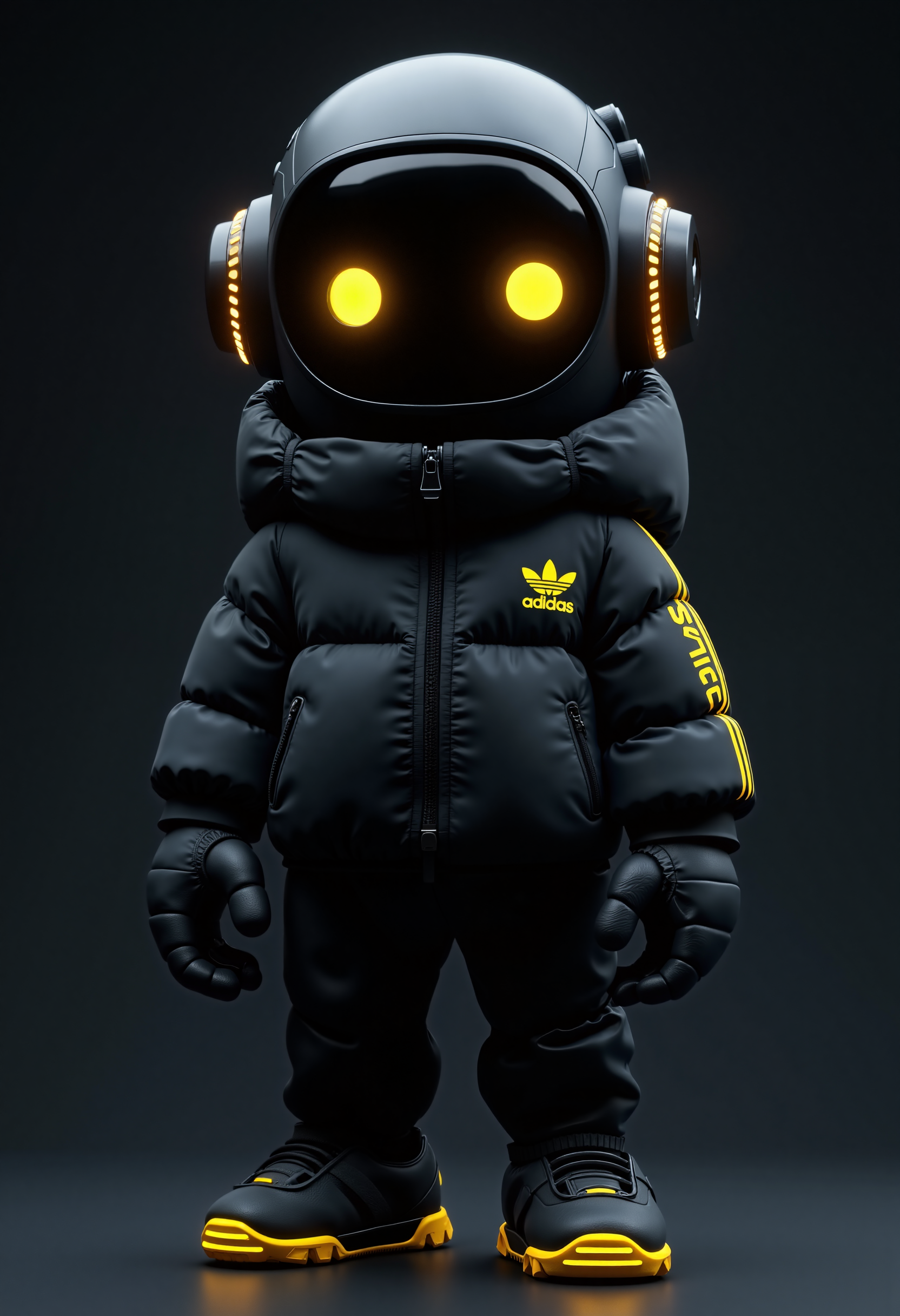 A highly detailed CGI rendering of a cute, small anthropomorphic, futuristic robot character. The robot stands in a three-quarter view against a dark, gradient background that transitions from black to a deep navy blue. The robot's head is spherical with glowing, neon yellow eyes that give it a futuristic, otherworldly appearance. The head is encased in a sleek, black helmet with a visor that partially covers the eyes, and the word "Adidas" is printed in yellow in one side of the helmet. 

The robot's body is clad in a bulky, black, puffy jacket with a high collar, zipped up to the neck, and a small, embroidered yellow Adidas logo on the left chest. The jacket has a quilted texture with visible seams and a zipper that runs down the front. The robot's hands are large and gloved, with thick, padded fingers and palms, indicating a robust, protective design. It wears black pants with a similar padded texture. The robot's feet feature futuristic, yellow neon sneakers with a small touch of yellow neon lines. The overall aesthetic is a blend of cyberpunk and high-tech fashion