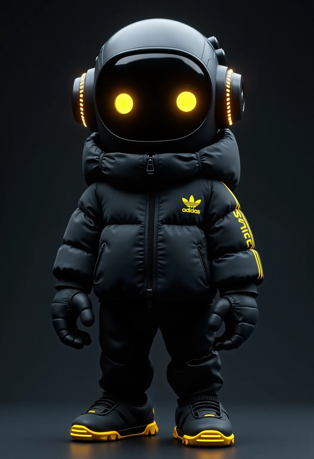 A highly detailed CGI rendering of a cute, small anthropomorphic, futuristic robot character. The robot stands in a three-quarter view against a dark, gradient background that transitions from black to a deep navy blue. The robot's head is spherical with glowing, neon yellow eyes that give it a futuristic, otherworldly appearance. The head is encased in a sleek, black helmet with a visor that partially covers the eyes, and the word "Adidas" is printed in yellow in one side of the helmet. 

The robot's body is clad in a bulky, black, puffy jacket with a high collar, zipped up to the neck, and a small, embroidered yellow Adidas logo on the left chest. The jacket has a quilted texture with visible seams and a zipper that runs down the front. The robot's hands are large and gloved, with thick, padded fingers and palms, indicating a robust, protective design. It wears black pants with a similar padded texture. The robot's feet feature futuristic, yellow neon sneakers with a small touch of yellow neon lines. The overall aesthetic is a blend of cyberpunk and high-tech fashion