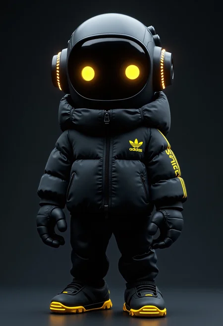 A highly detailed CGI rendering of a cute, small anthropomorphic, futuristic robot character. The robot stands in a three-quarter view against a dark, gradient background that transitions from black to a deep navy blue. The robot's head is spherical with glowing, neon yellow eyes that give it a futuristic, otherworldly appearance. The head is encased in a sleek, black helmet with a visor that partially covers the eyes, and the word "Adidas" is printed in yellow in one side of the helmet. 

The robot's body is clad in a bulky, black, puffy jacket with a high collar, zipped up to the neck, and a small, embroidered yellow Adidas logo on the left chest. The jacket has a quilted texture with visible seams and a zipper that runs down the front. The robot's hands are large and gloved, with thick, padded fingers and palms, indicating a robust, protective design. It wears black pants with a similar padded texture. The robot's feet feature futuristic, yellow neon sneakers with a small touch of yellow neon lines. The overall aesthetic is a blend of cyberpunk and high-tech fashion