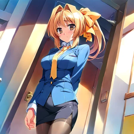 <lora:pony_xl_rumi:0.8>,rumi,score_9,score_8_up,score_7_up,source_anime,1girl,solo,orange hair ribbon,ponytail,blue suit,long_sleeves,white collared shirt,yellow tie,pencil skirt,pantyhose,light_blush,shy,thinking,cowboy_shot,looking_at_viewer,office,indoor,