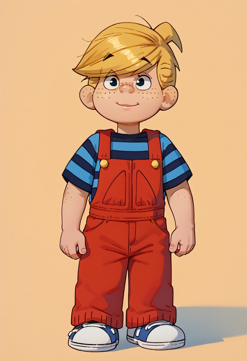 WangV2Style,
score_9, score_8_up, score_7_up, DennisMitchell, 1boy, solo, blond hair, freckles, blue and black striped shirts, red overalls, white sneakers