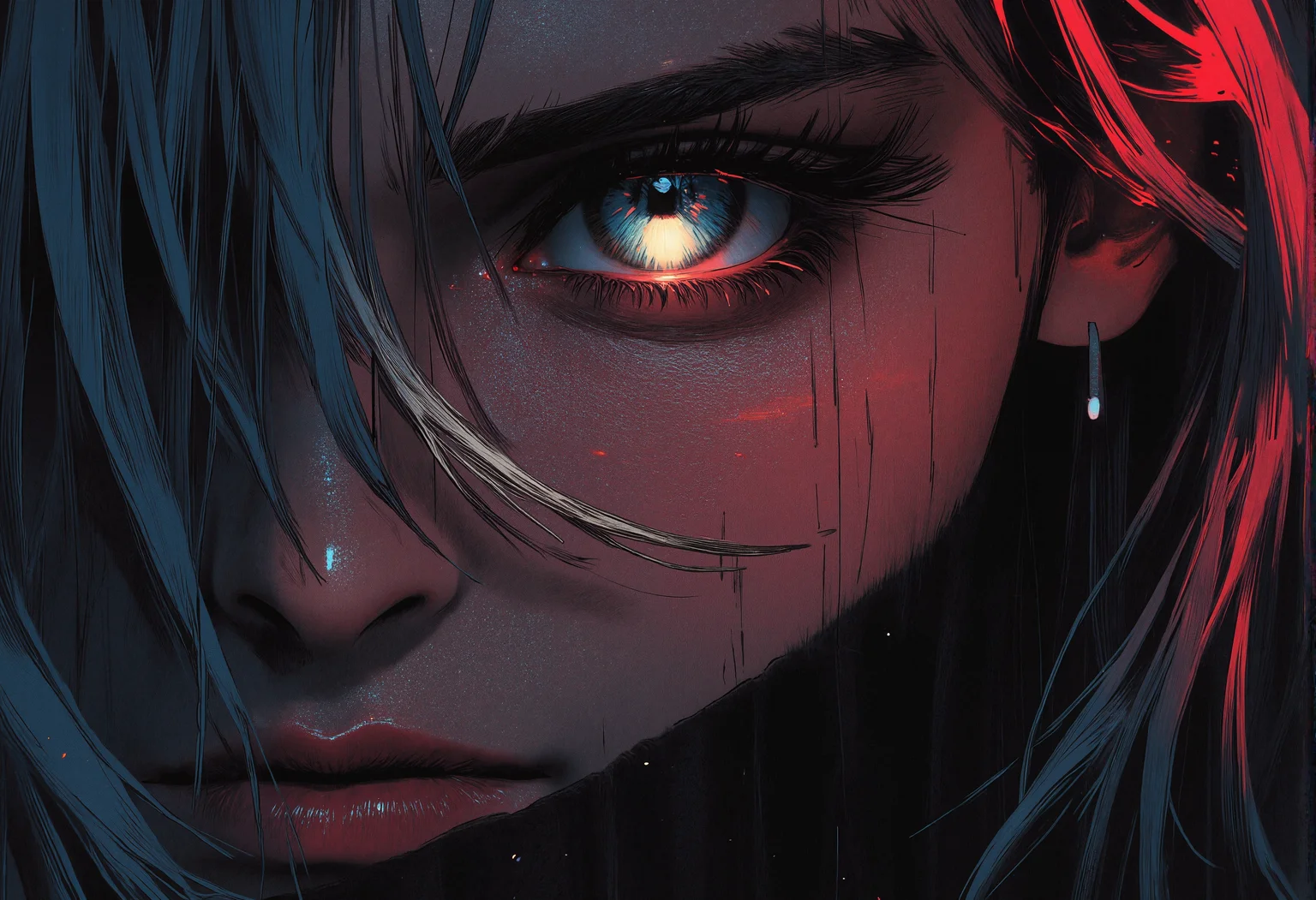 bv-anibrush, xslx scribble. A close-up of a strikingly beautiful young woman in a dark, futuristic dystopian cityscape at night, her salt and pepper hair flowing slightly disheveled, blending into the shadows. The faint glow of distant neon signs reflects off her sharp facial features. Her glowing eyes pierce through the surrounding darkness, capturing a sense of intensity and focus. The camera focuses on her face and hair, highlighting her determined expression and the subtle roughness of the art style with sketch-like textures, seen from a side view, emphasizing her profile and sharp facial features, <lora:bv-anibrush-v1-flux.safetensors:1.0:1.0> <lora:Risograph_Style_FLUX_by_Ethanar-000001.safetensors:1.0:1.0> <lora:scribble-flux-v1.safetensors:0.5:0.5>