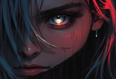 bv-anibrush, xslx scribble. A close-up of a strikingly beautiful young woman in a dark, futuristic dystopian cityscape at night, her salt and pepper hair flowing slightly disheveled, blending into the shadows. The faint glow of distant neon signs reflects off her sharp facial features. Her glowing eyes pierce through the surrounding darkness, capturing a sense of intensity and focus. The camera focuses on her face and hair, highlighting her determined expression and the subtle roughness of the art style with sketch-like textures, seen from a side view, emphasizing her profile and sharp facial features, <lora:bv-anibrush-v1-flux.safetensors:1.0:1.0> <lora:Risograph_Style_FLUX_by_Ethanar-000001.safetensors:1.0:1.0> <lora:scribble-flux-v1.safetensors:0.5:0.5>
