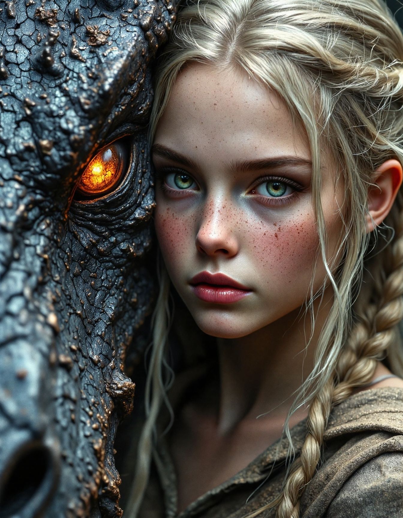 cinematic photo, dramatic close-up portrait in a dark fantasy style.  A young girl with pale skin, light blonde hair styled in braids, and slightly smudged face looks intently towards the right of the frame.  She wears simple, rough-spun clothing.  Loosely framing her from the left side is the immense, scaled head of a dark grey dragon.  The dragon's scales are incredibly detailed and textured, with sharp spikes and horn-like protrusions.  The dragon's visible eye is a striking, glowing orange-yellow, and it seems to be observing the girl.  The lighting is dramatic, with deep shadows emphasizing the textures and forms of both the girl and the dragon. The overall style resembles a digital painting with a focus on realism, texture, and a slightly somber, intimate atmosphere, 35mm photograph, film, bokeh, professional, 4k, highly detailed, <lora:Elden_Ring_-_Yoshitaka_Amano:0.4>, <lora:Dever_Flux_Enhancer:0.3>, <lora:FantasyWizardWitchesFluxV2-000001:0.8>, <lora:RetroAnimeFluxV1:0.35>, <lora:FluxProUltraFantasia:0.5>