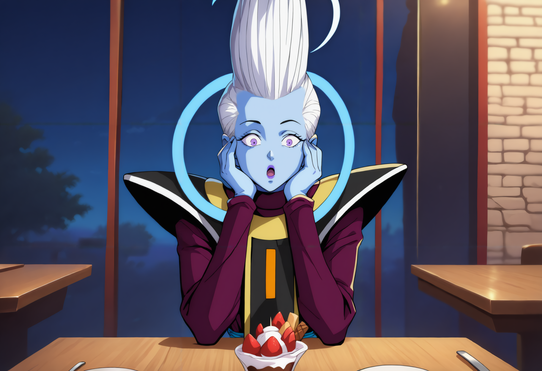 masterpiece, best quality, newest, night, 1boy, solo, <lora:Whis Illustrious:1> w1i0, colored skin, blue skin, tall hair, white hair, purple eyes, purple lips, blue halo, black tunic, shoulder pads, white trim, purple robe, long sleeves, blue sash, black tabard, gold trim, high collar, sitting, pov across table, restaurant, indoors, sundae, surprised, looking at food, hands on own cheeks,