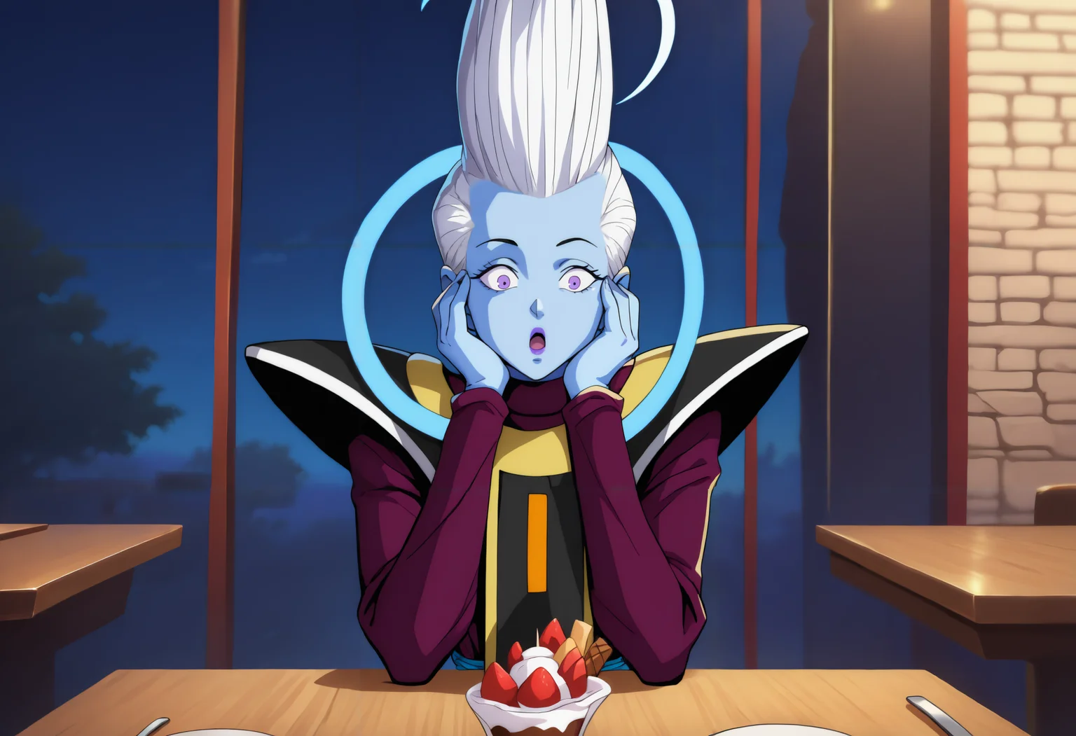 masterpiece, best quality, newest, night, 1boy, solo, <lora:Whis Illustrious:1> w1i0, colored skin, blue skin, tall hair, white hair, purple eyes, purple lips, blue halo, black tunic, shoulder pads, white trim, purple robe, long sleeves, blue sash, black tabard, gold trim, high collar, sitting, pov across table, restaurant, indoors, sundae, surprised, looking at food, hands on own cheeks,