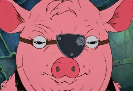 Flat 2D Art, <lora:HeavyMetalStyle-000009:1.2>,heavymetalstyle,of,a pig face with an eye patch,, simple flat color, 2-dimensional, Flat 2D Art Style